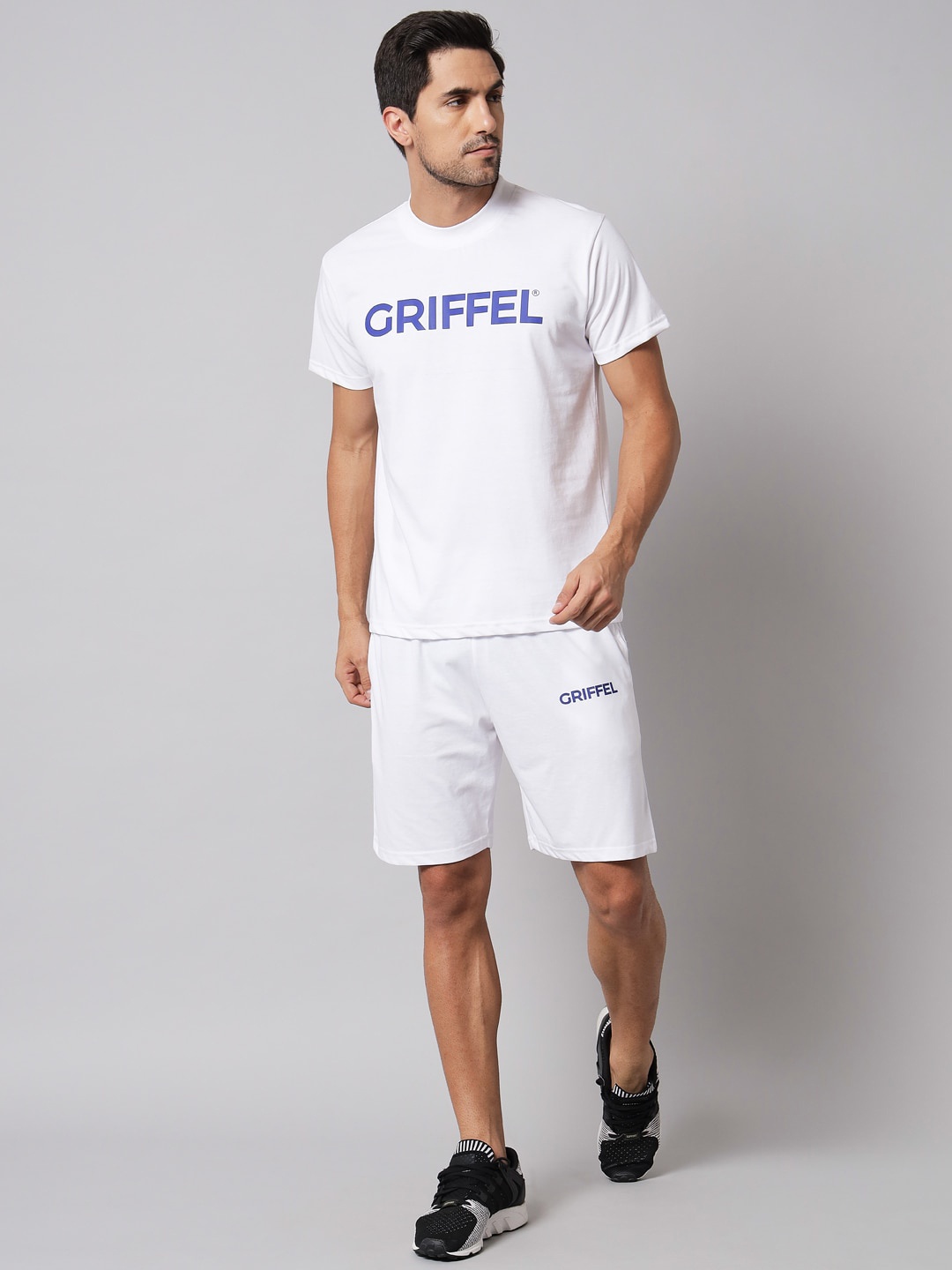 

GRIFFEL Men White & Blue Printed T-shirt with Shorts