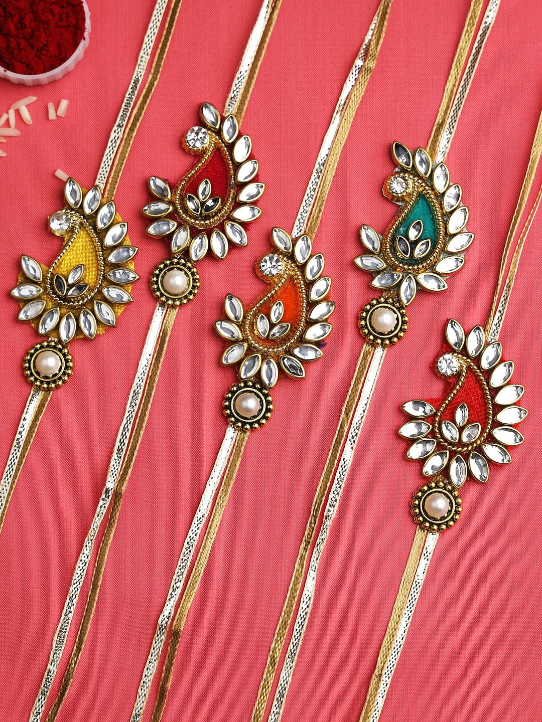 

Aapno Rajasthan Set of 5 Gold Kundan Work Kalash Rakhi