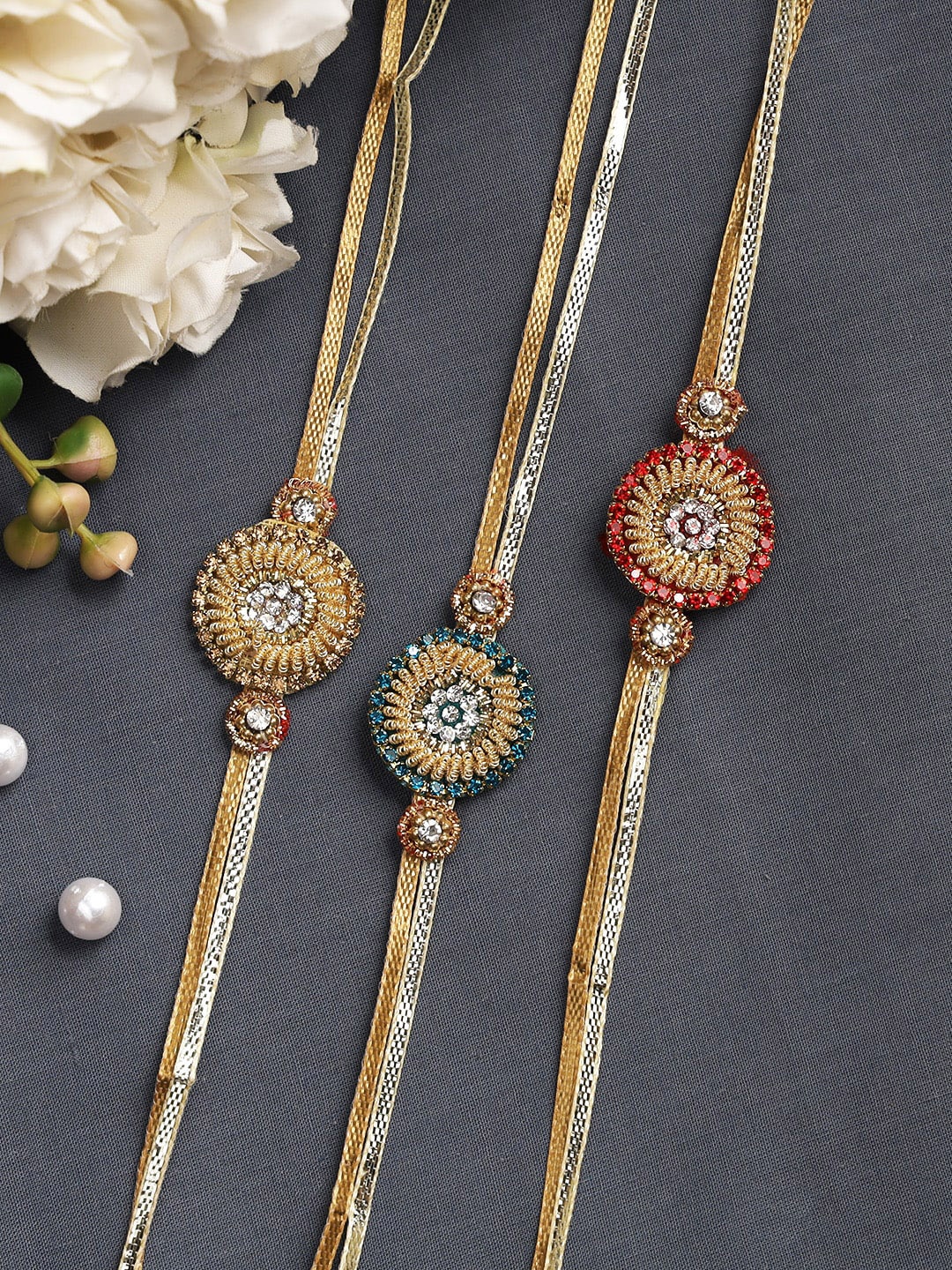 

Aapno Rajasthan Set of 3 Gold Zardosi Work Rakhi