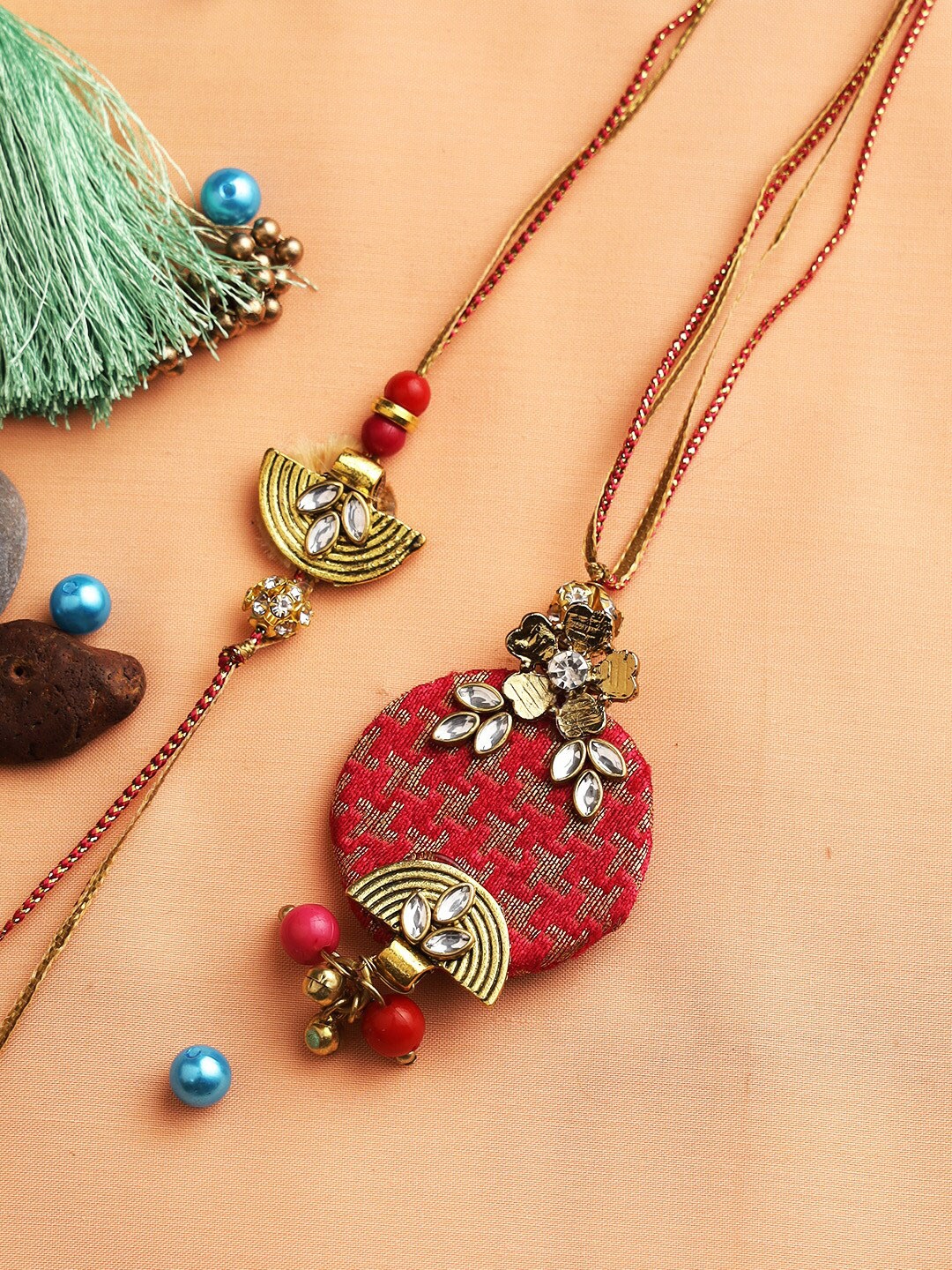 

Aapno Rajasthan Golden Half Moon Rakhi with Roli Chawal & Greetings Card, Multi