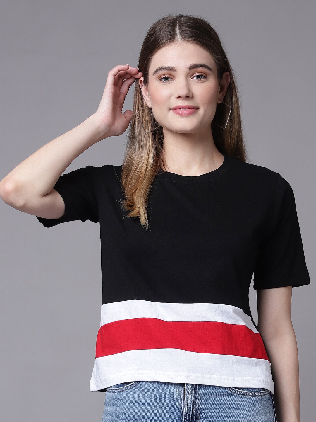 

THE EG STORE Women Black & french middle red purple Striped Extended Sleeves T-shirt