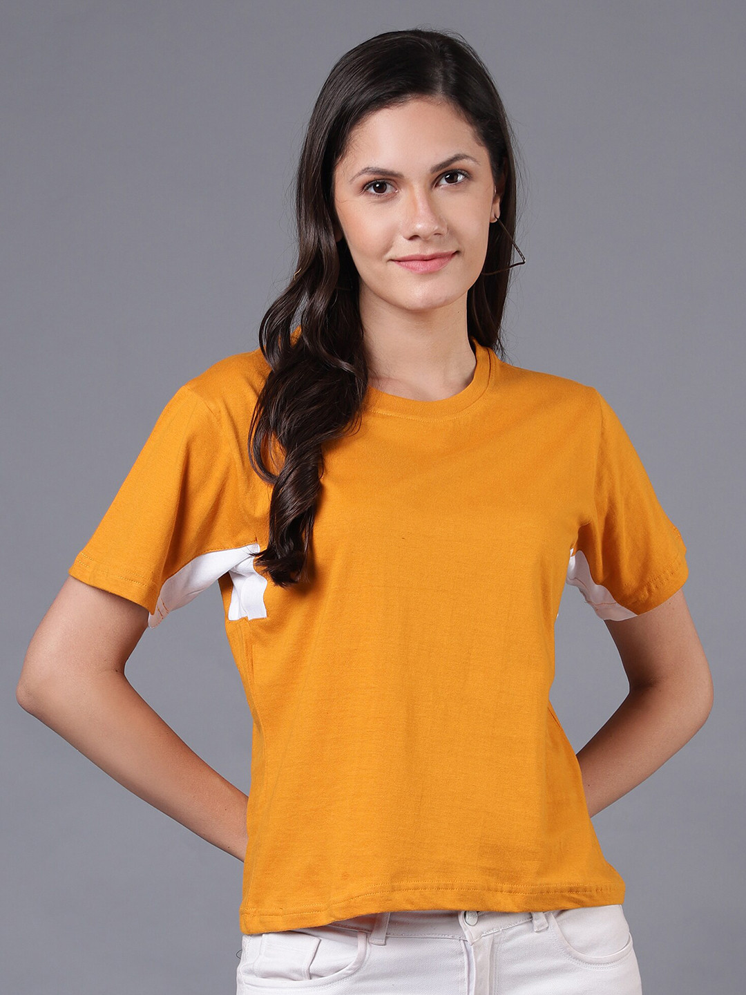 

THE EG STORE Women Mustard Yellow V-Neck Applique T-shirt