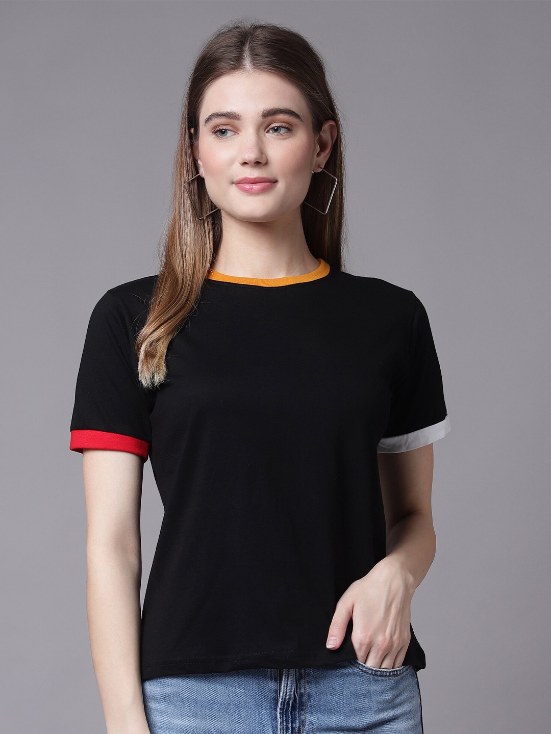 

THE EG STORE Women Black & french middle red purple Extended Sleeves T-shirt