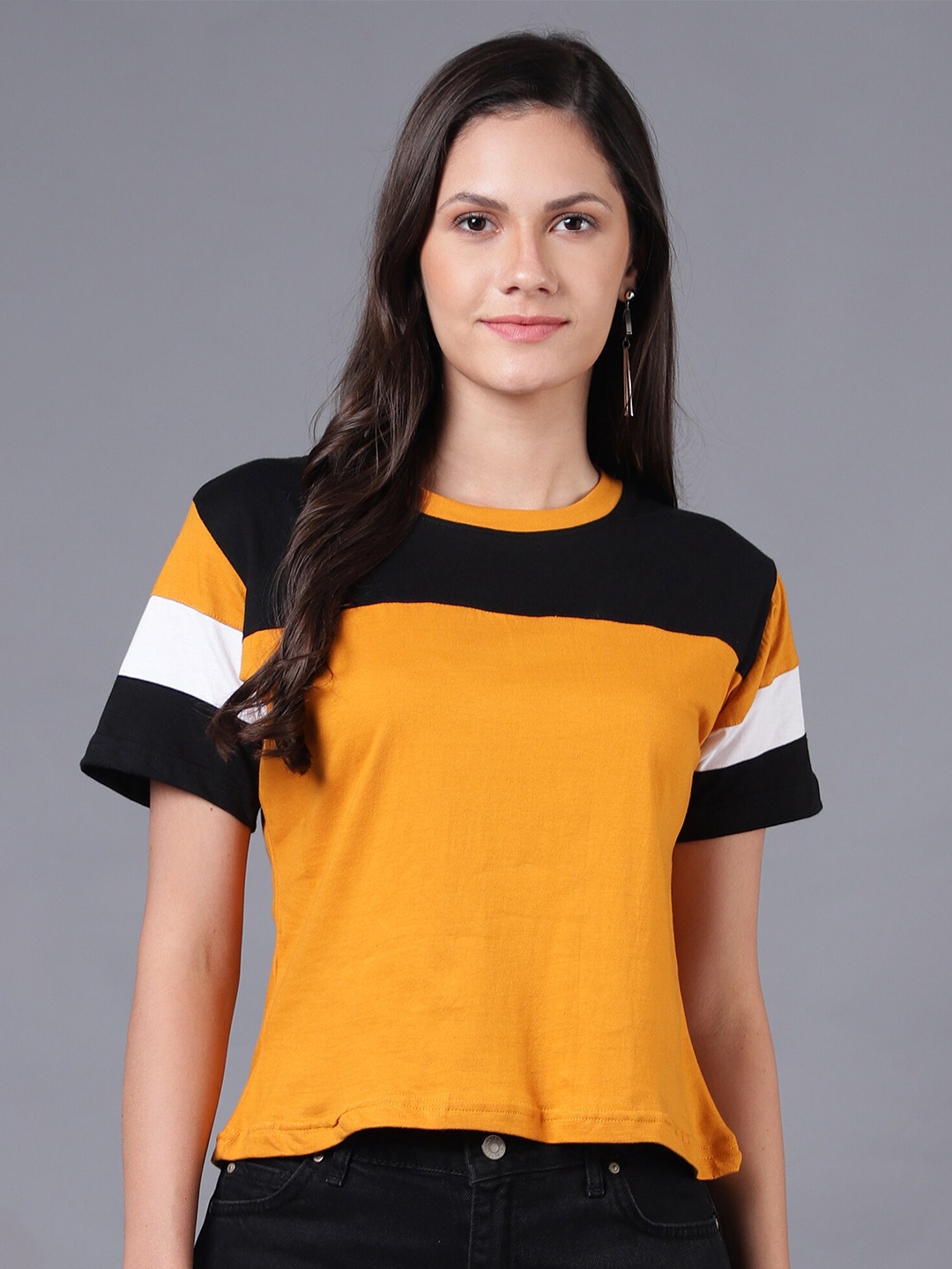 

THE EG STORE Women Mustard Yellow & celosia orange V-Neck T-shirt