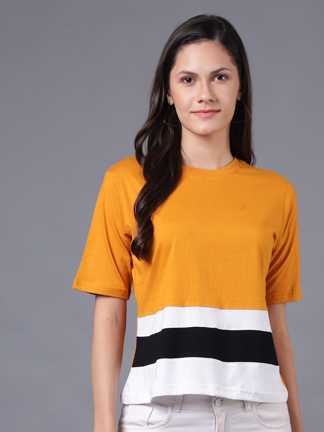 

THE EG STORE Women Mustard Yellow & apricot Striped T-shirt