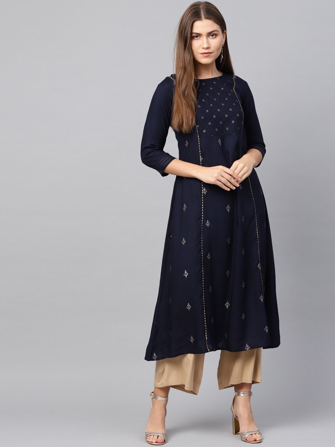 

Yufta Women Blue Ethnic Motifs Embroidered Flared Sleeves Mirror Work Indigo Kurta
