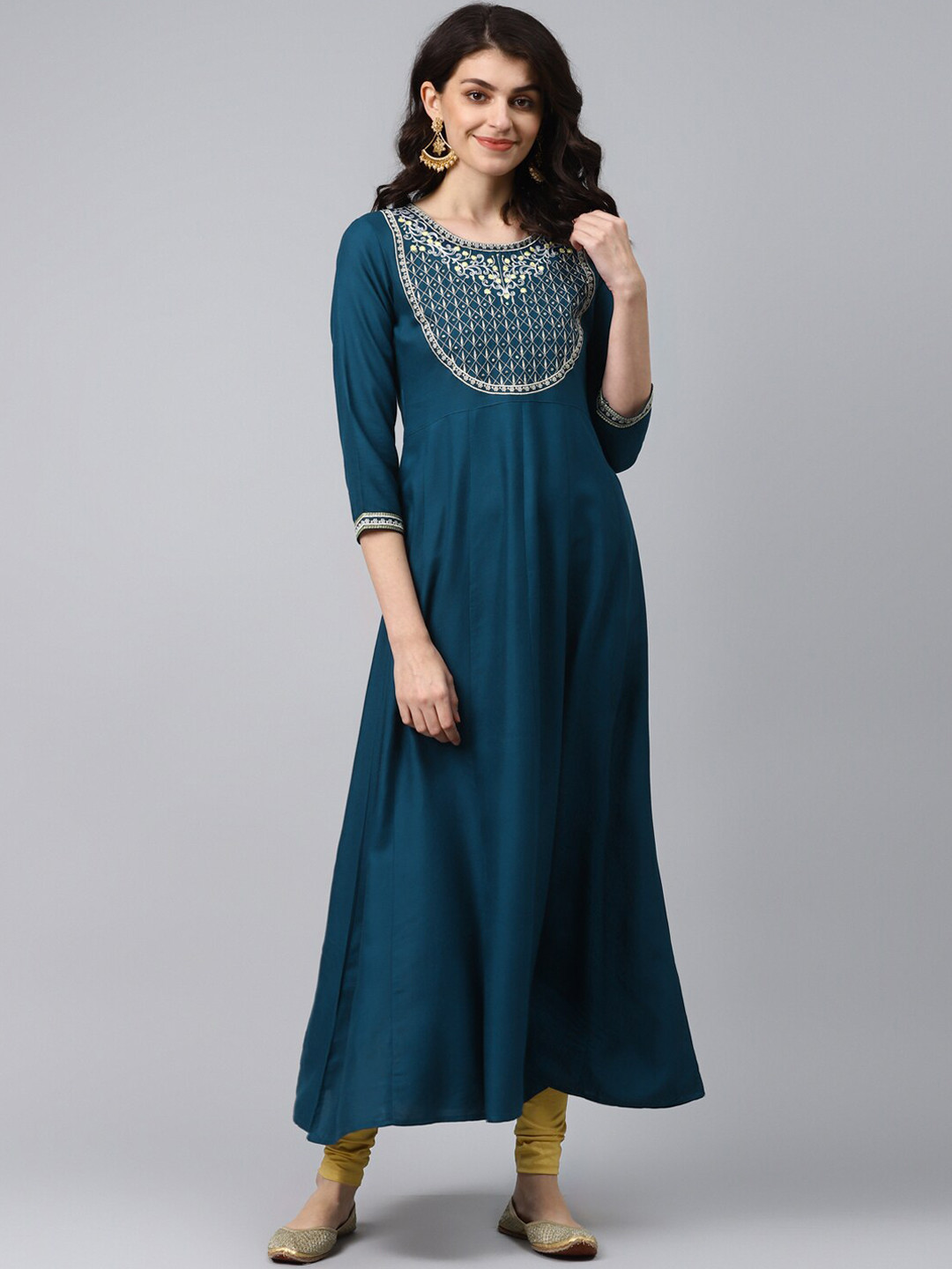 

Yufta Women Navy Blue & prussian blue Yoke Design Thread Work Anarkali Kurta