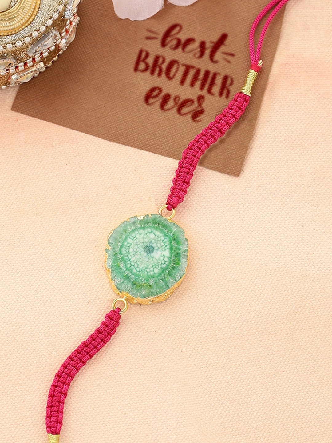 

Shoshaa Green & Pink Semi Precious Agate Stone Single Bhai Rakhi