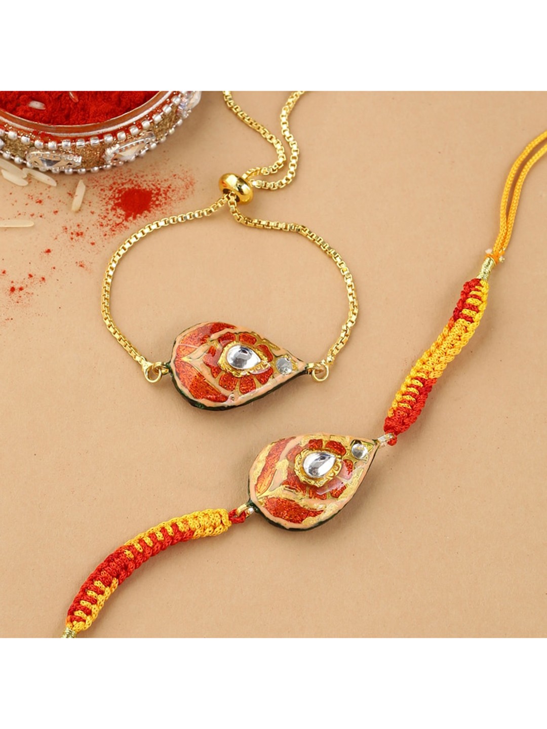 

Shoshaa Set Of 2 Red & Gold Stone Bracelete Bhai Bhabhi Rakhi