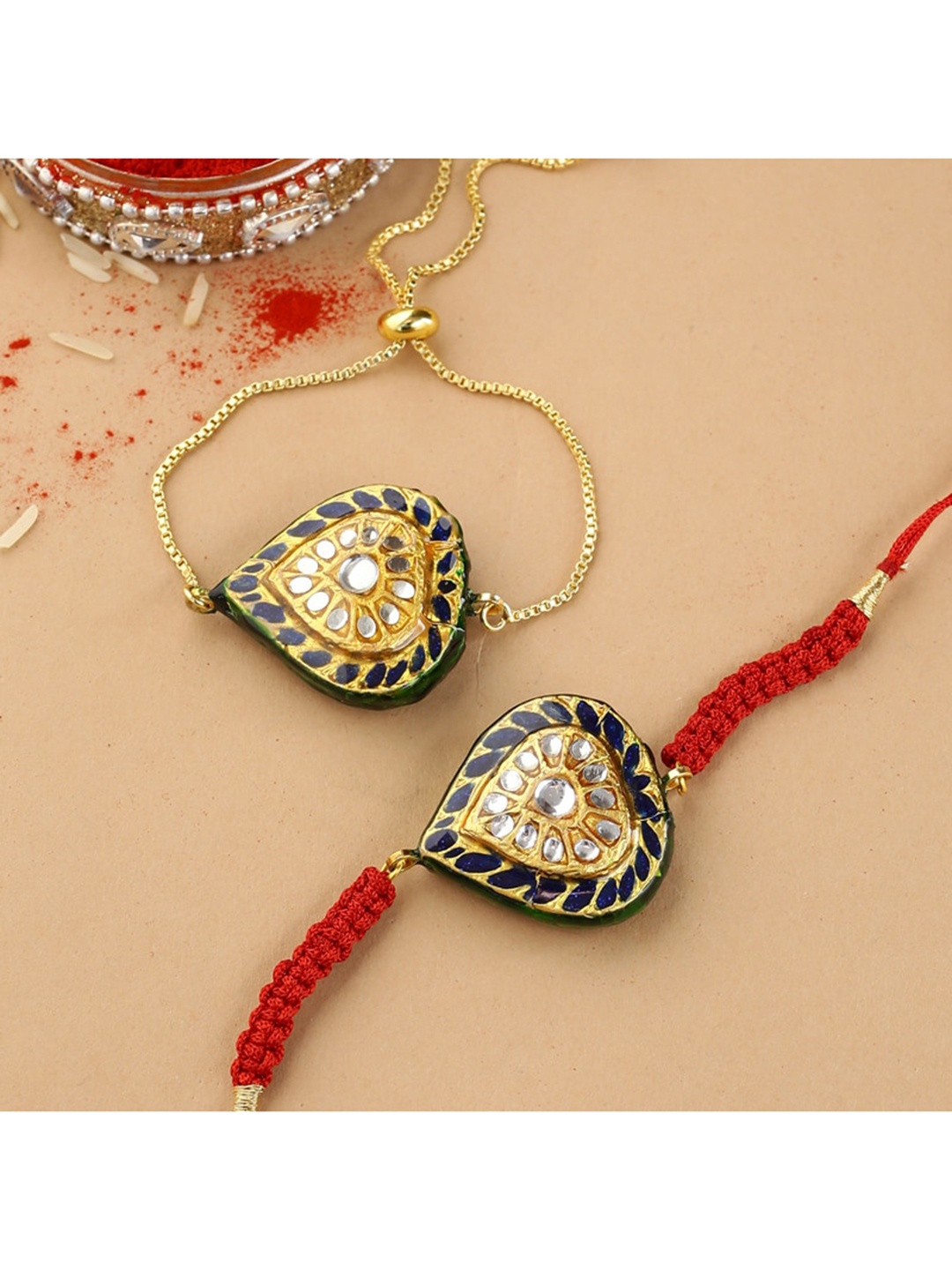 

Shoshaa Set of 2 Embellished Reversible Bhaiya Bhabhi Rakhi, Gold