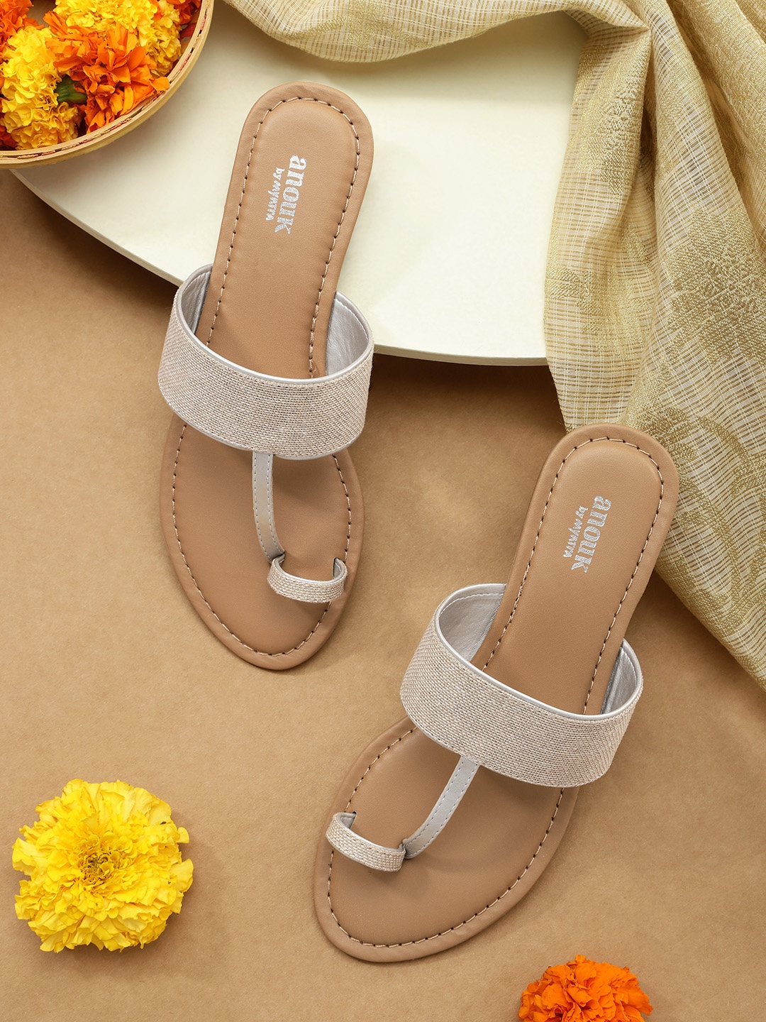 

Anouk Women Beige & Silver-Toned Textured One Toe Flats