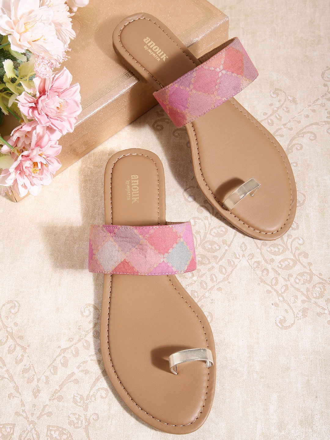 Anouk Women Gold-Toned & Pink Woven Design Handcrafted One Toe Flats
