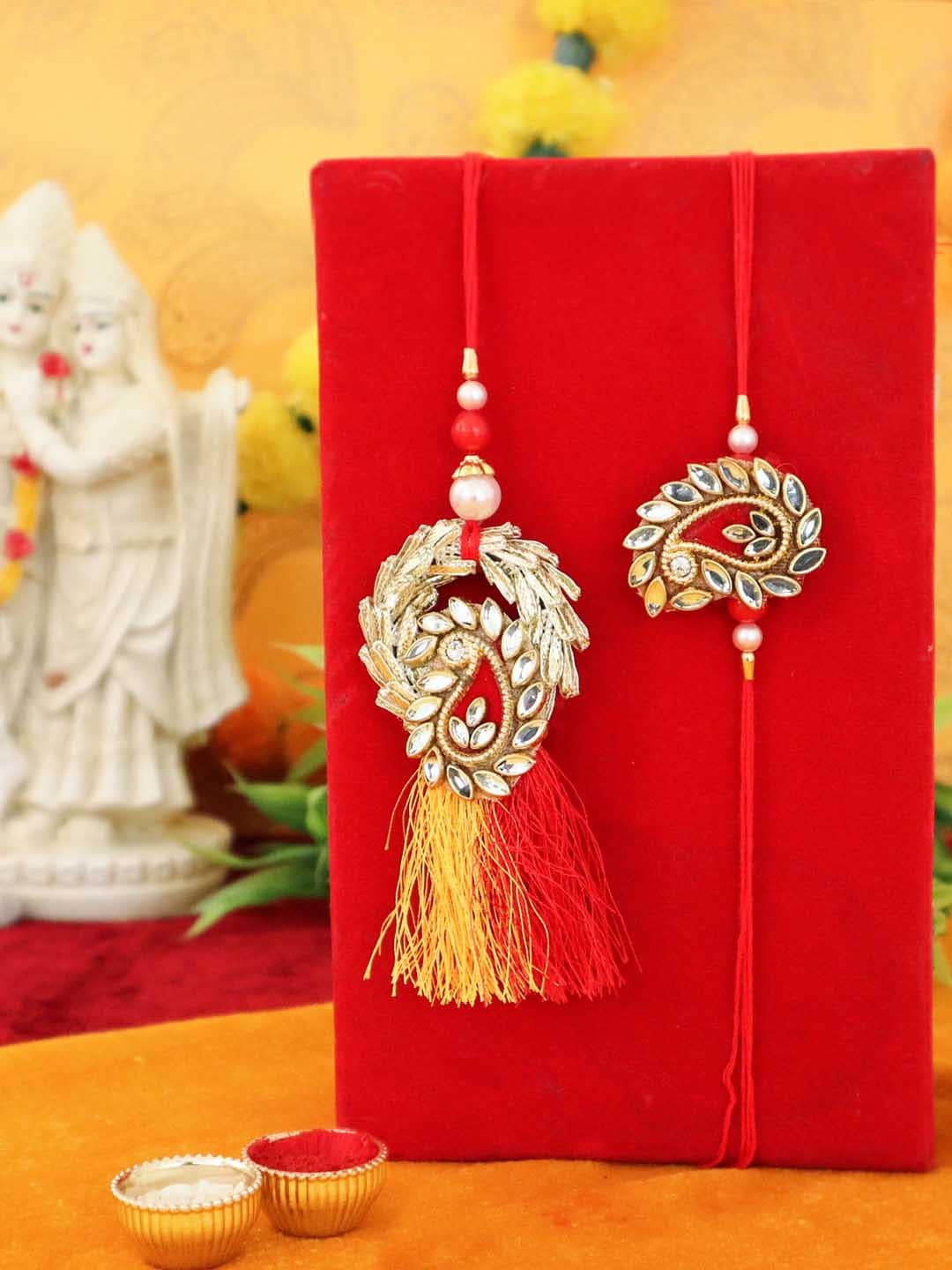 

TIED RIBBONS Set of 2 Premium Bhaiya Bhabhi Lumba Rakhi Combo with Card & Roli Chawal, Multi