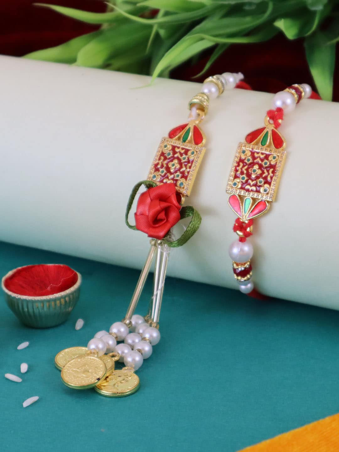 

TIED RIBBONS 2 Golden Designer Bhaiya Bhabhi Lumba Rakhi Set with Card & Roli Chawal, Gold