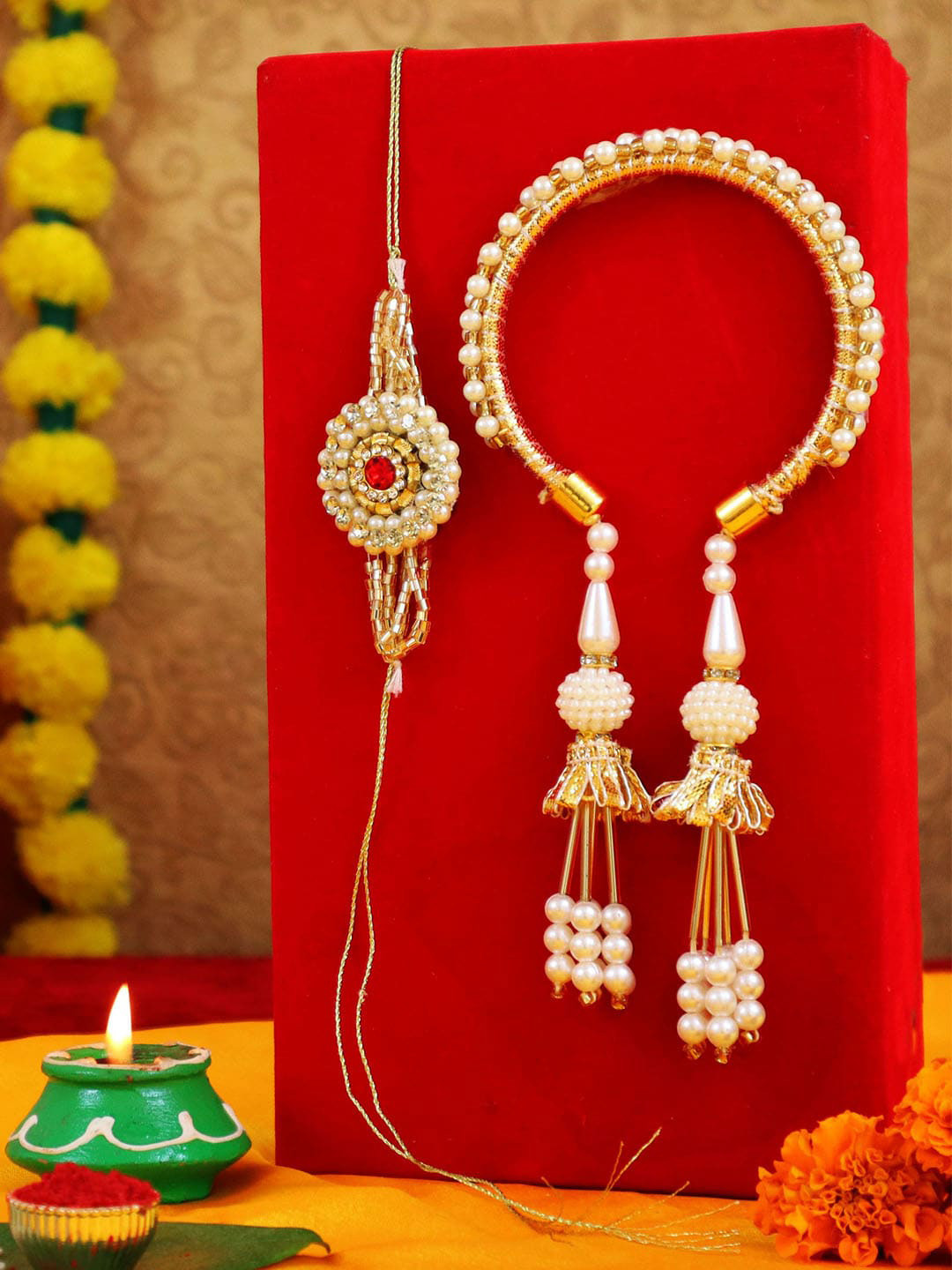 

TIED RIBBONS Pack of 2 Premium Bhaiya Bhabhi Lumba Bangle Rakhi with Card & Roli Chawal, Multi