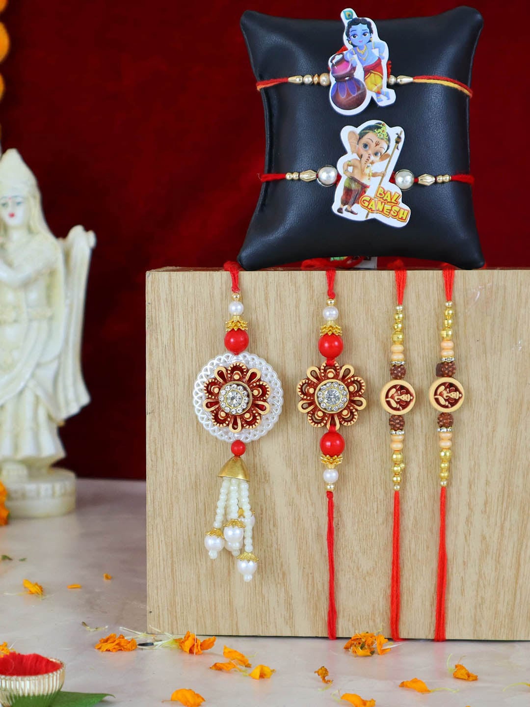 

TIED RIBBONS 6 Bhaiya Bhabhi Lumba Rakhi Krishna Ganesha Kids Family Rakhis Gift Pack, Red