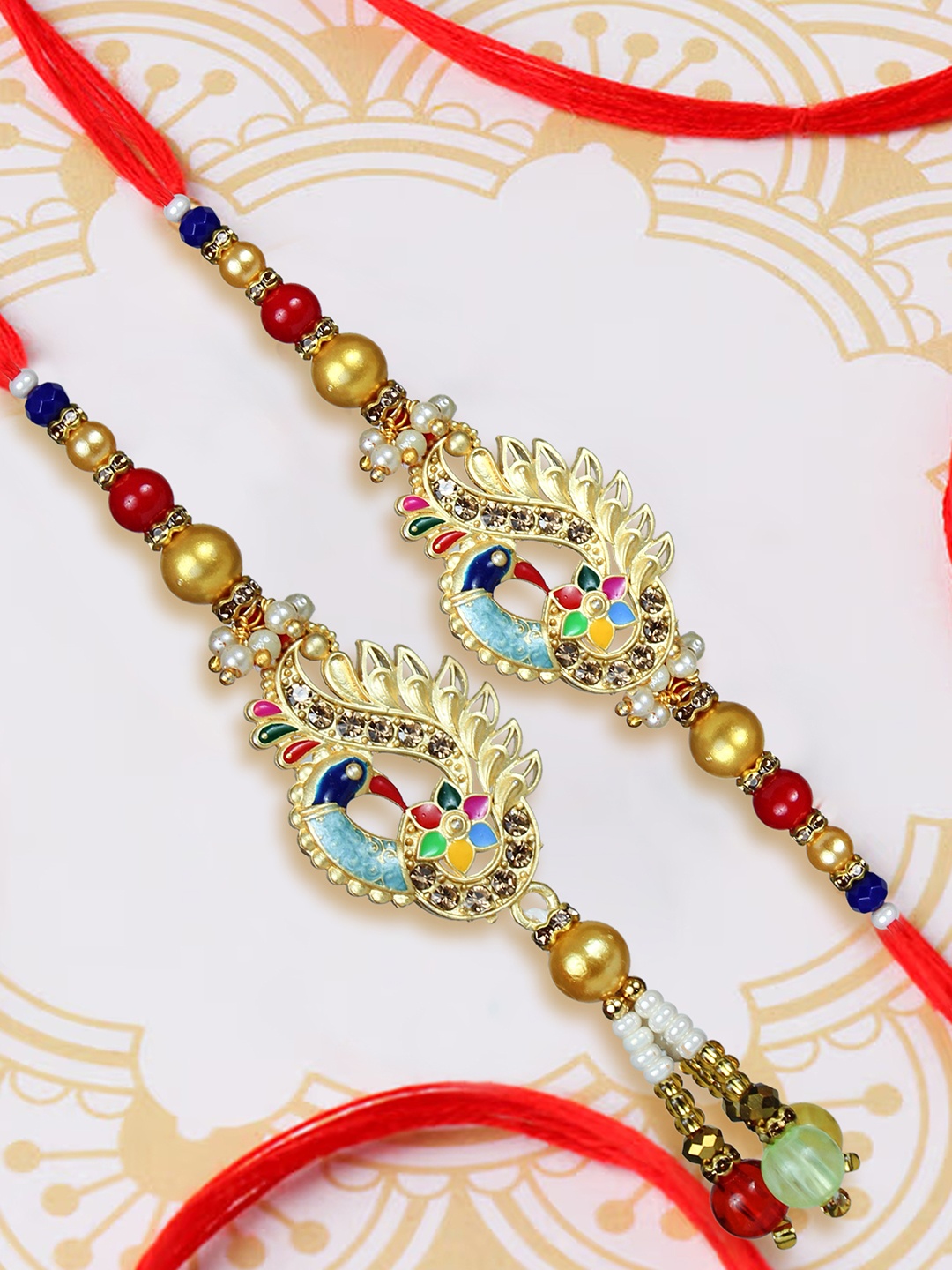 

TIED RIBBONS 2 Blue Bhaiya Bhabhi Peacock Lumba Rakhi Set with Card & Roli Chawal Combo, Multi