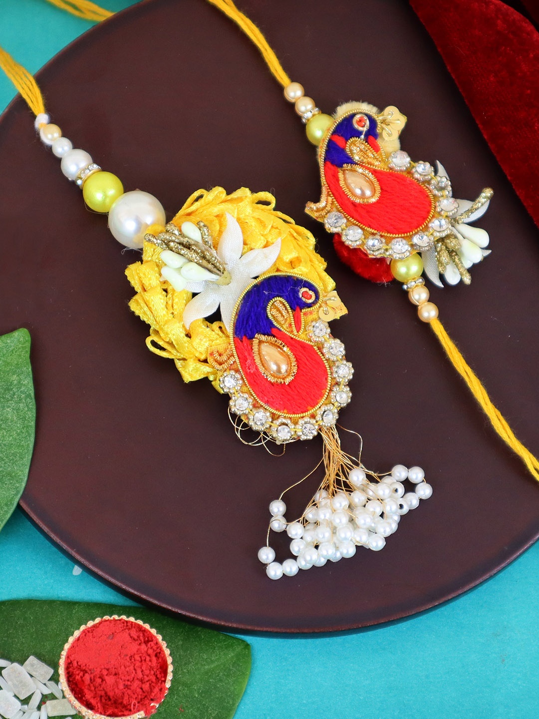 

TIED RIBBONS Red Bhaiya Bhabhi Peacock Lumba Rakhi Gift Set with Card & Roli Chawal