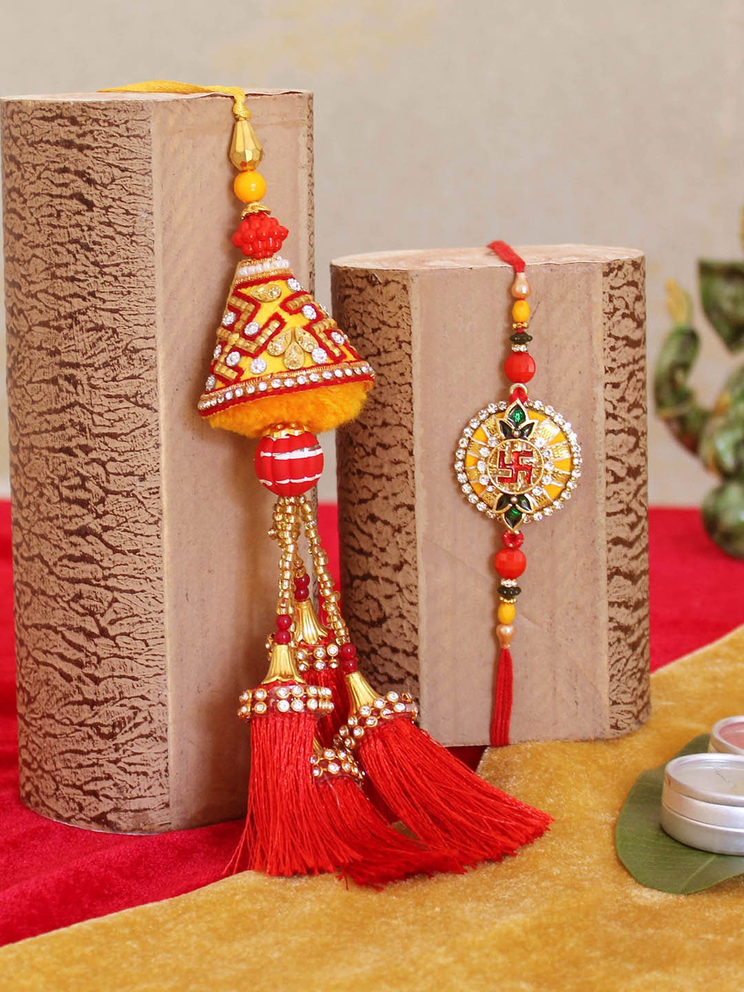 

TIED RIBBONS 2 Red Handcrafted Premium Bhaiya Bhabhi Rakhi with Card & Roli Chawal