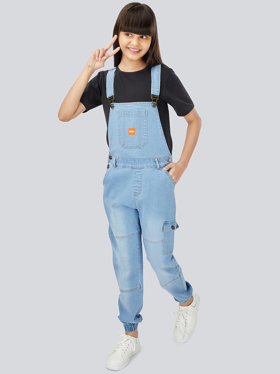 

Olele Girls Blue Solid Cotton Dungarees