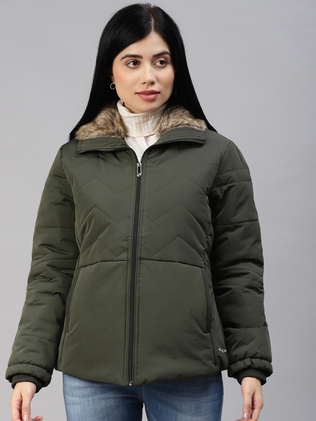 

Foreign Culture By Fort Collins Women Olive Green Solid Padded Jacket