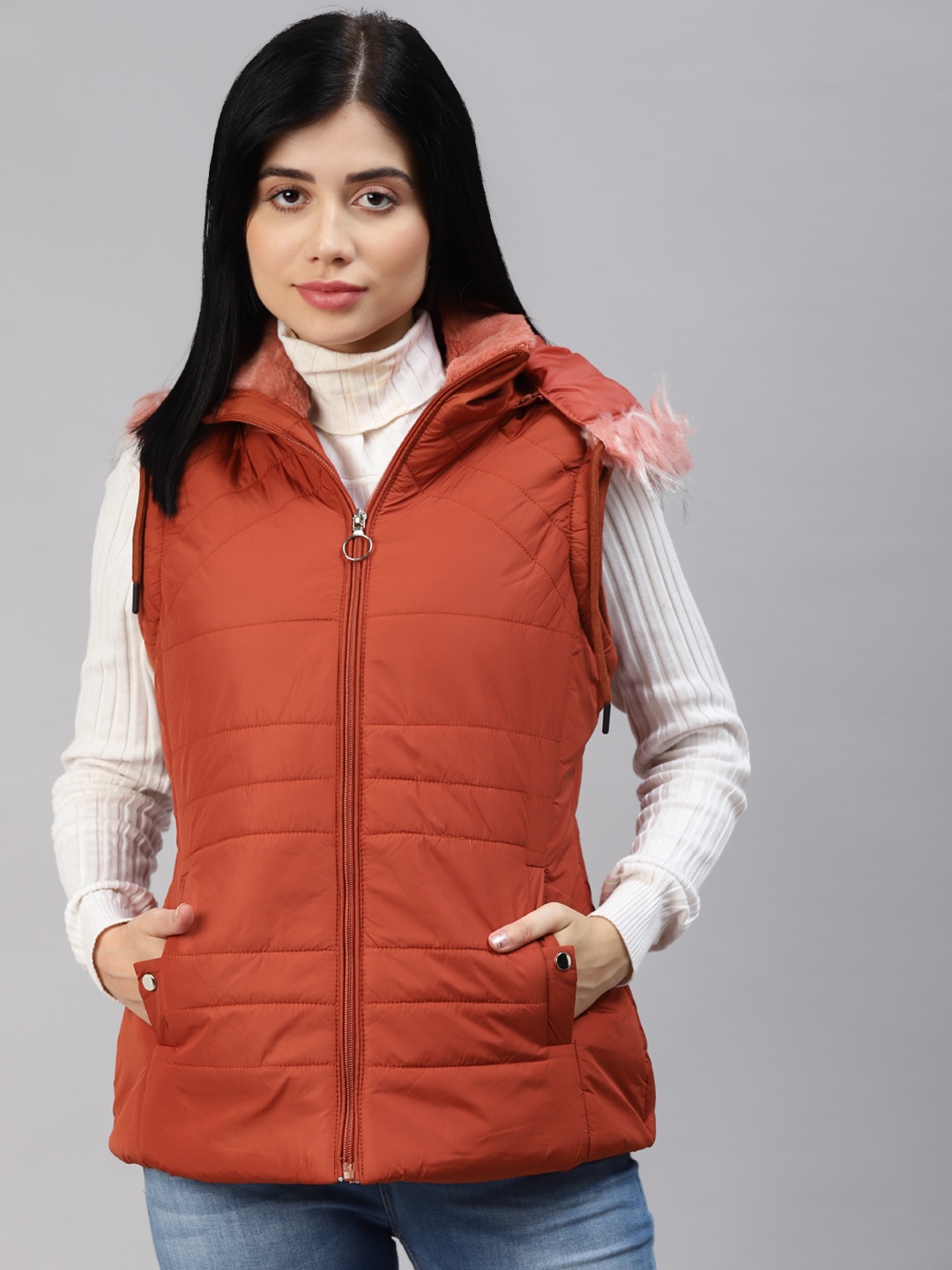 

Foreign Culture By Fort Collins Women Rust Orange Solid Hooded Padded Jacket