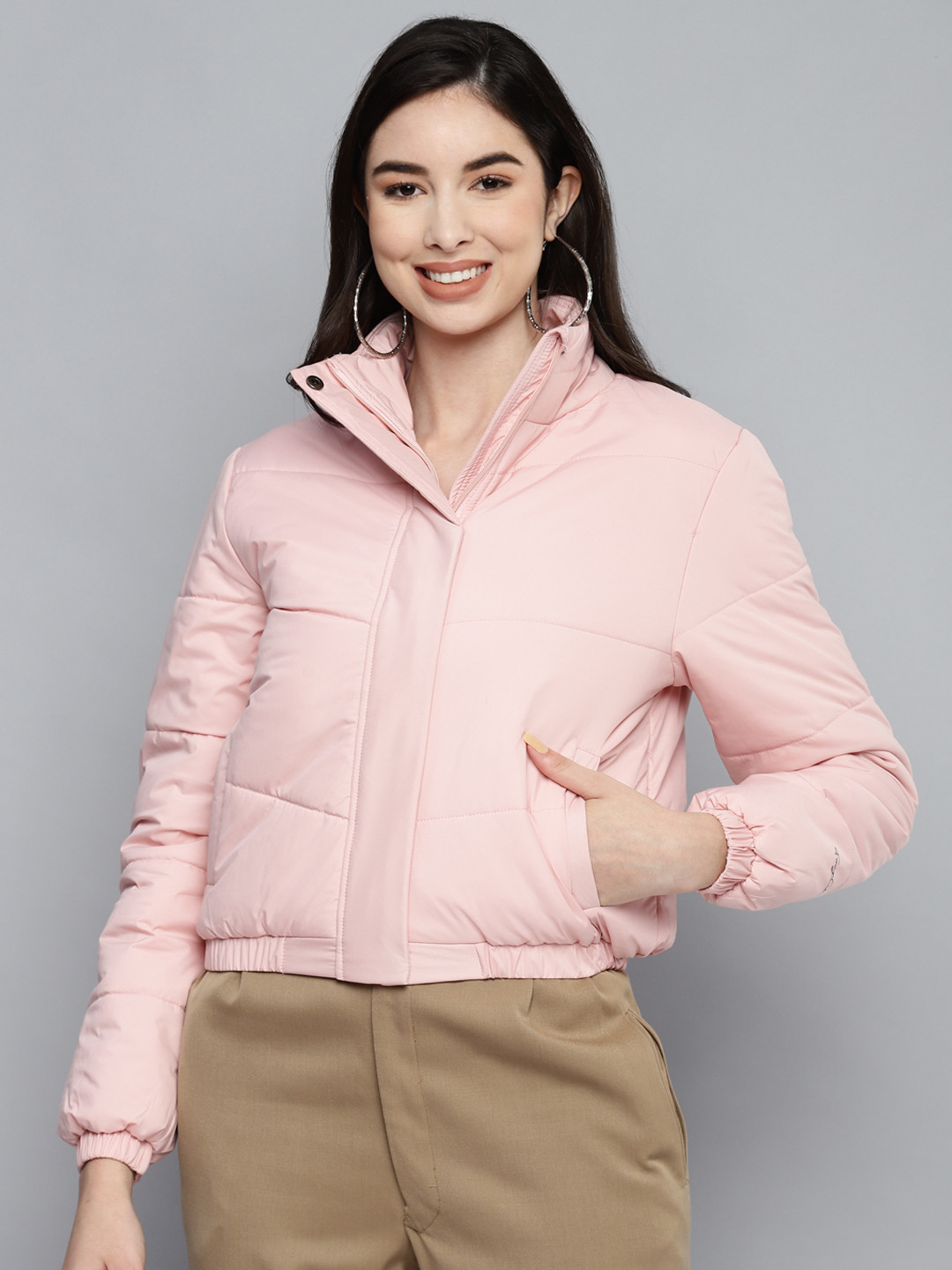 

Foreign Culture By Fort Collins Women Peach-Coloured Insulator Bomber Jacket