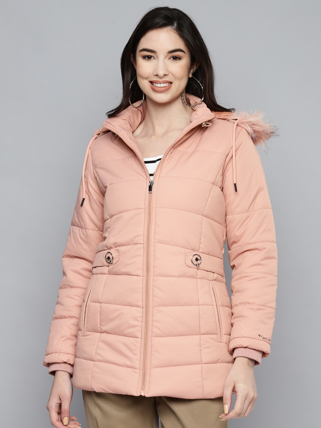 

Foreign Culture By Fort Collins Women Peach-Coloured Parka Jacket with Detachable hood