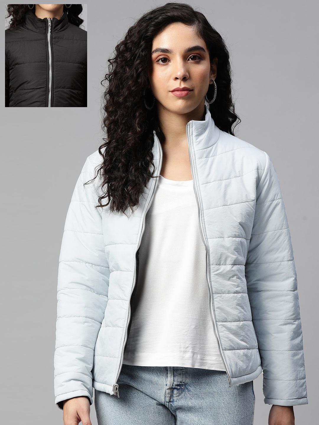 Foreign Culture By Fort Collins Women Blue & Black Reversible Padded Jacket