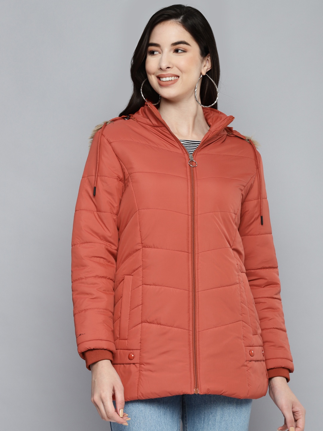 

Foreign Culture By Fort Collins Women Rust Orange Parka Jacket with Detachable hood