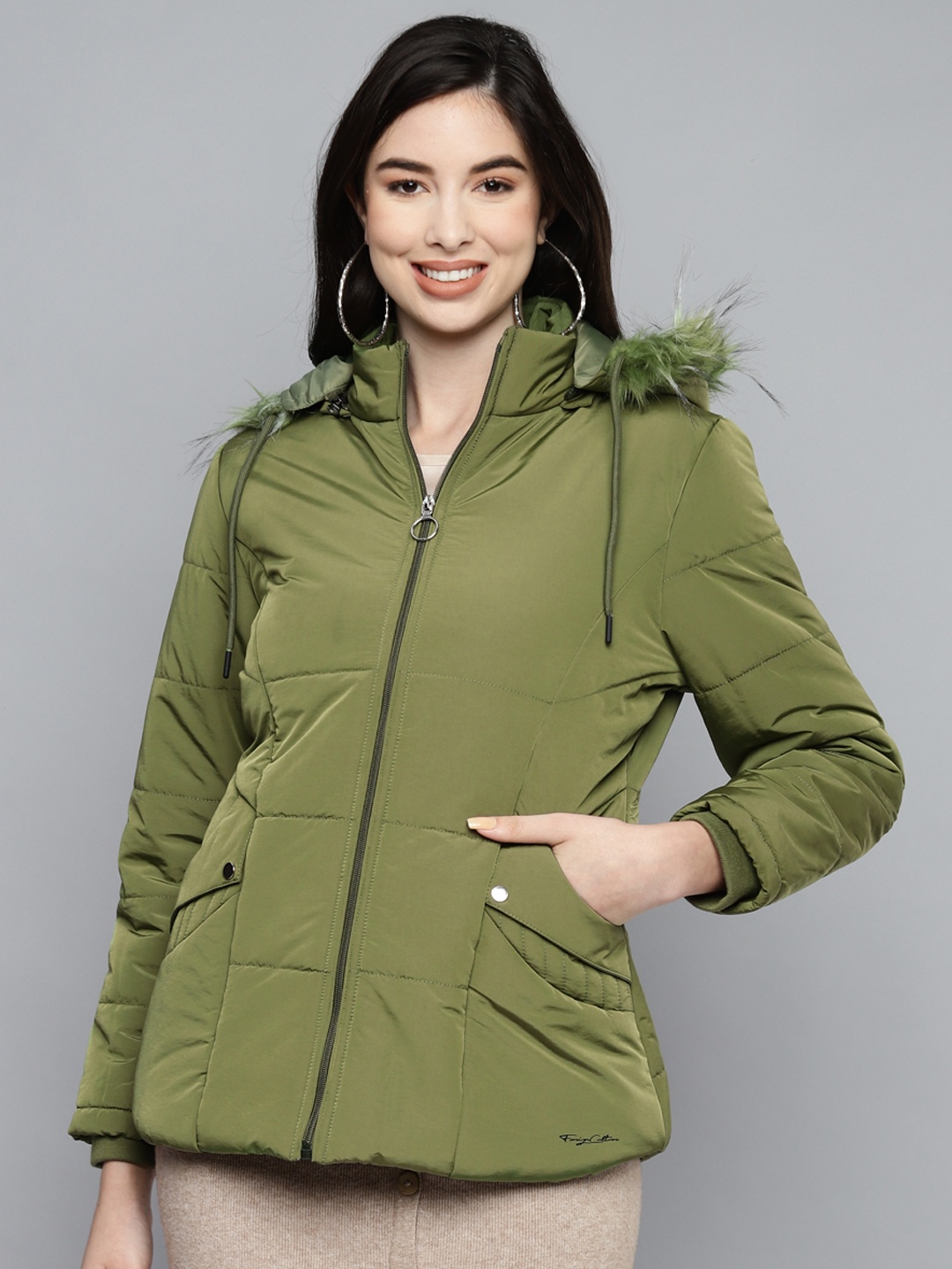 

Foreign Culture By Fort Collins Women Olive Green Parka Jacket with Detachable hood