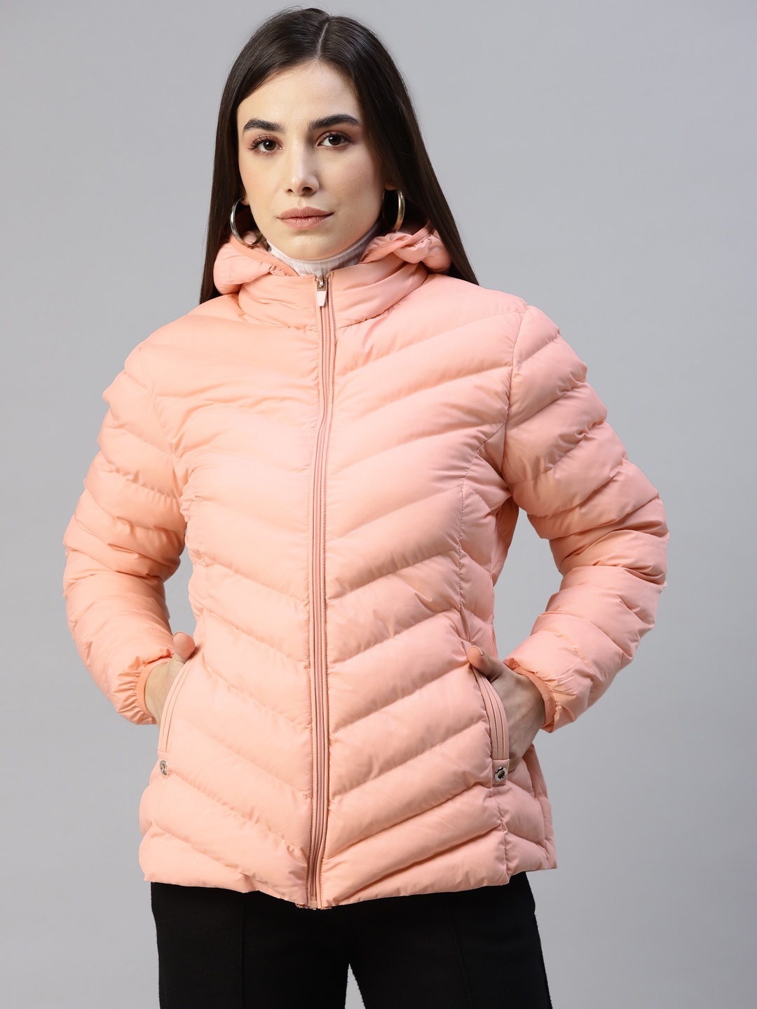 Foreign Culture By Fort Collins Women Peach-Coloured Padded Jacket with Detachable Hood