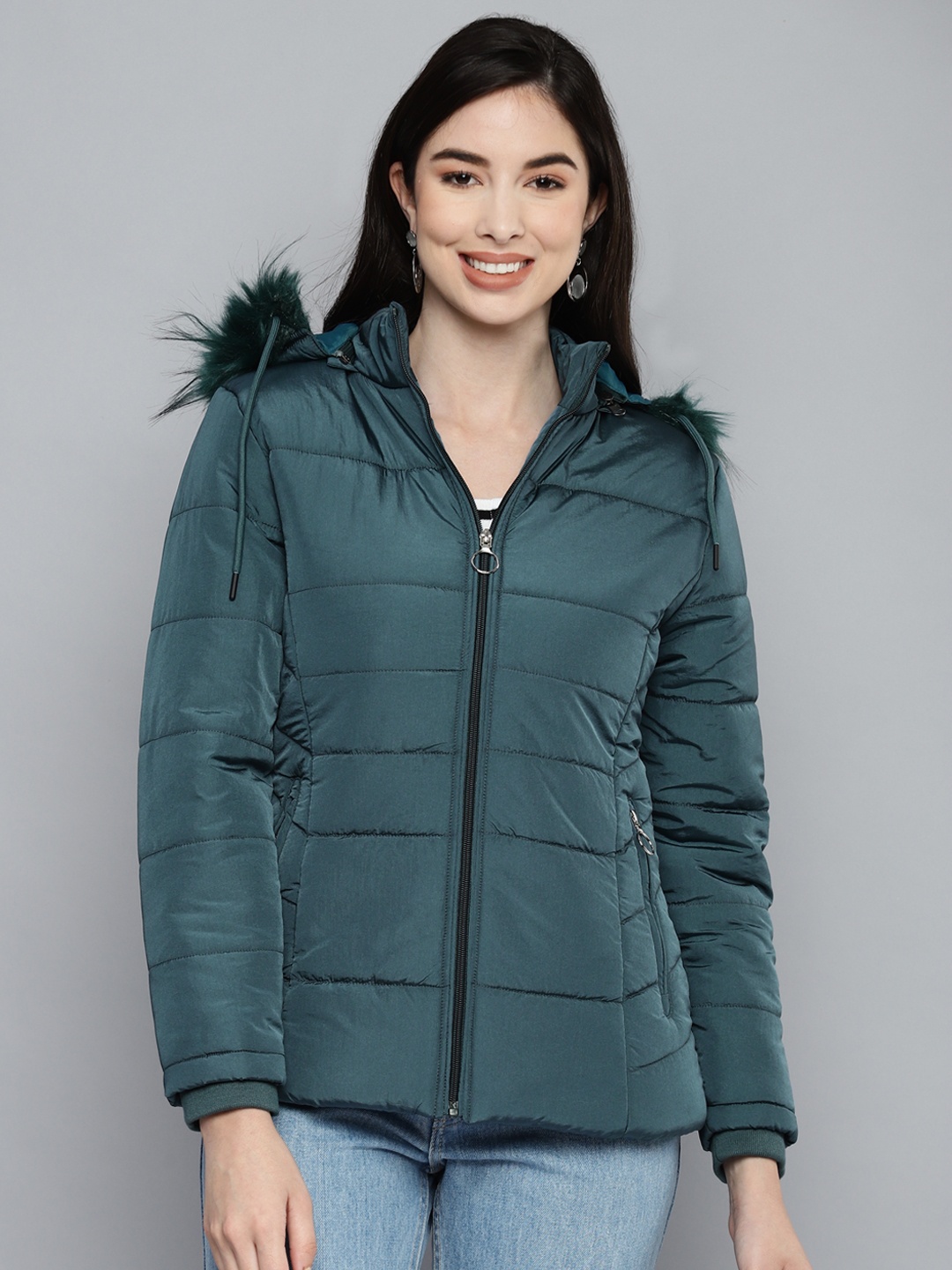 

Foreign Culture By Fort Collins Women Teal green Parka Jacket with Detachable hood