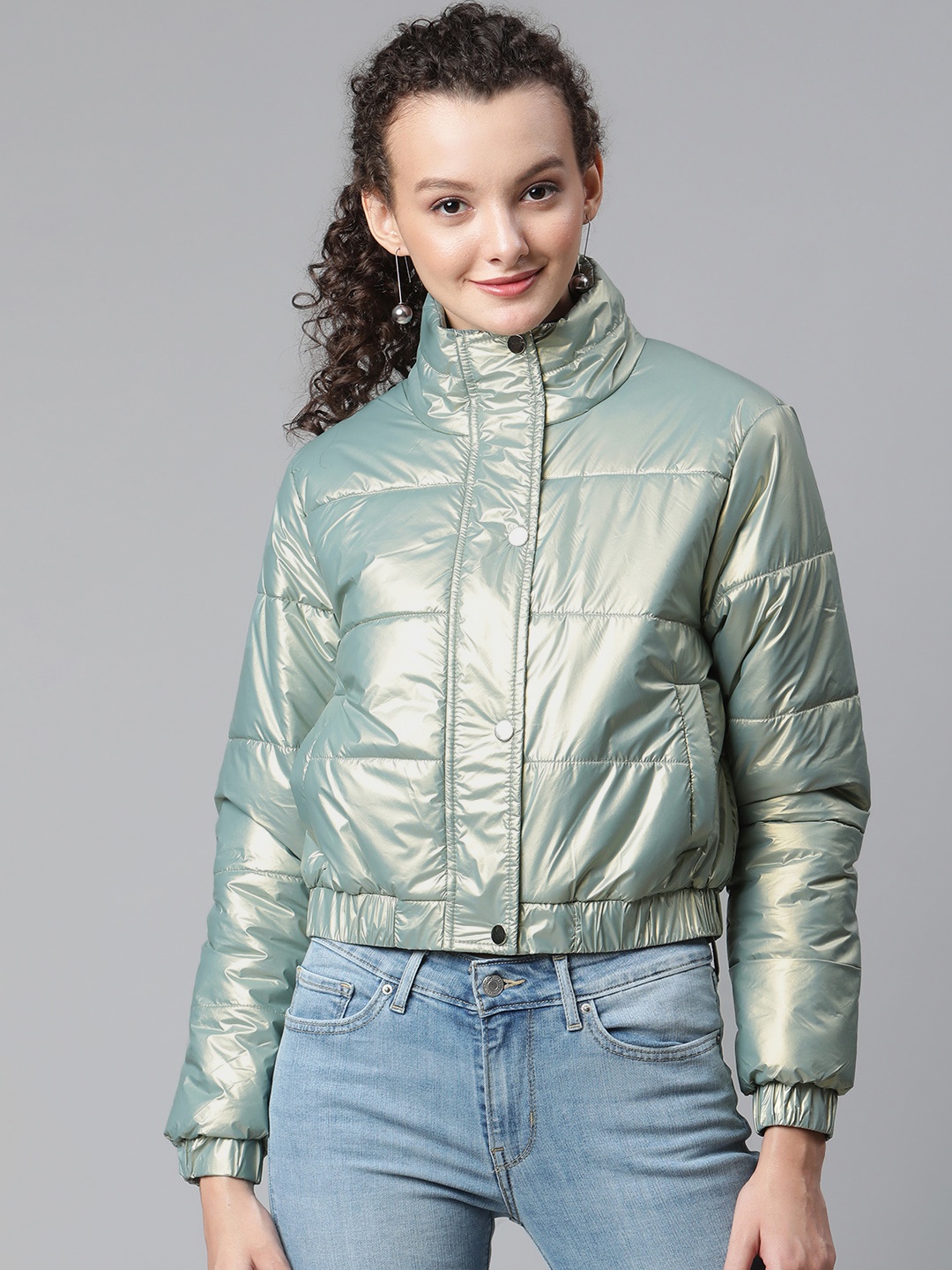 

Foreign Culture By Fort Collins Women Green Crop Bomber Jacket
