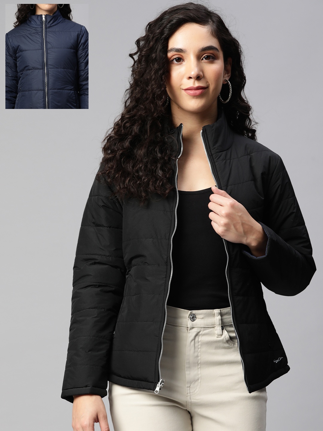 

Foreign Culture By Fort Collins Women Black & Navy Blue Reversible Padded Jacket