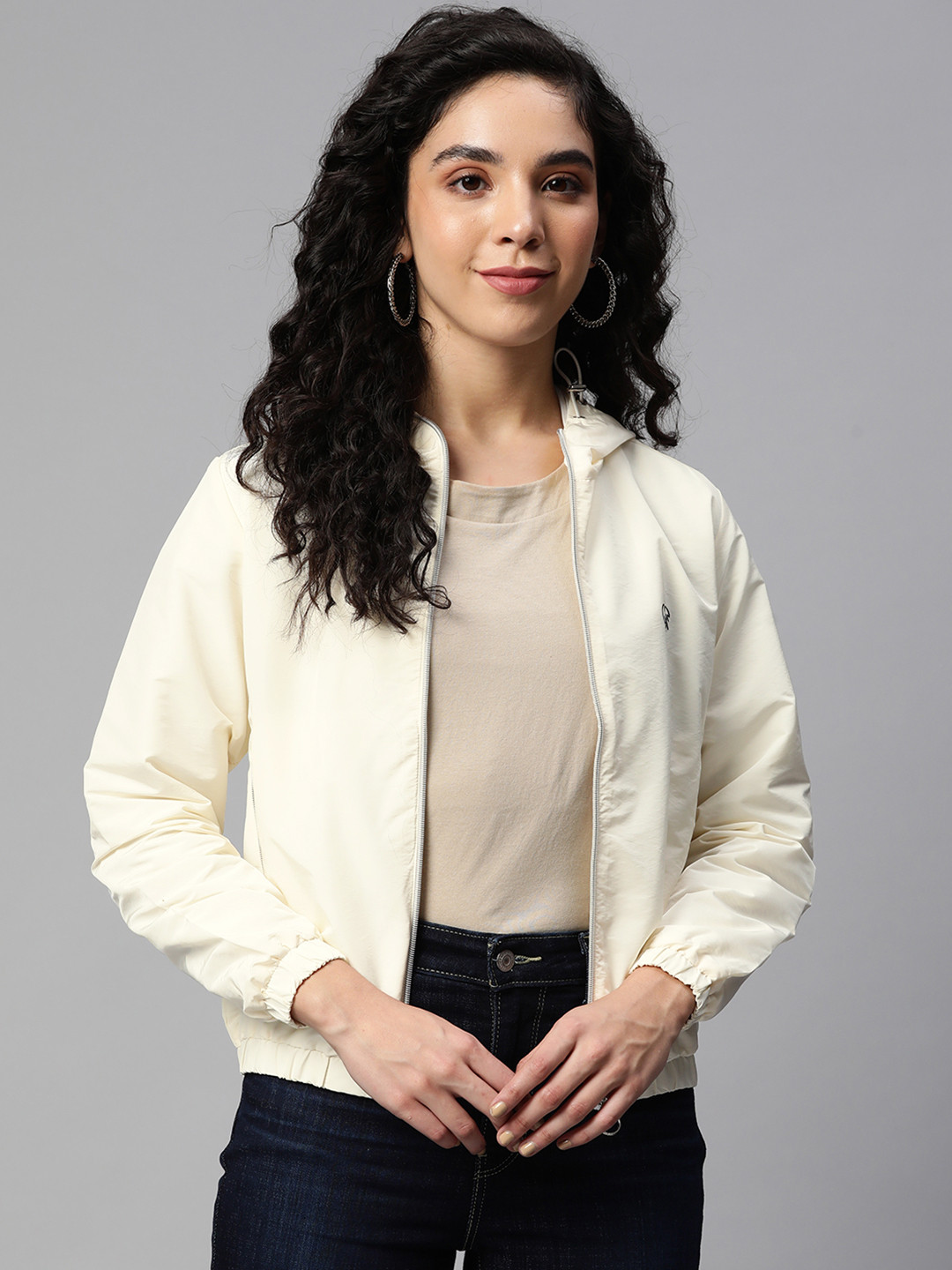 

Foreign Culture By Fort Collins Women Cream-Coloured Solid Hooded Tailored Jacket