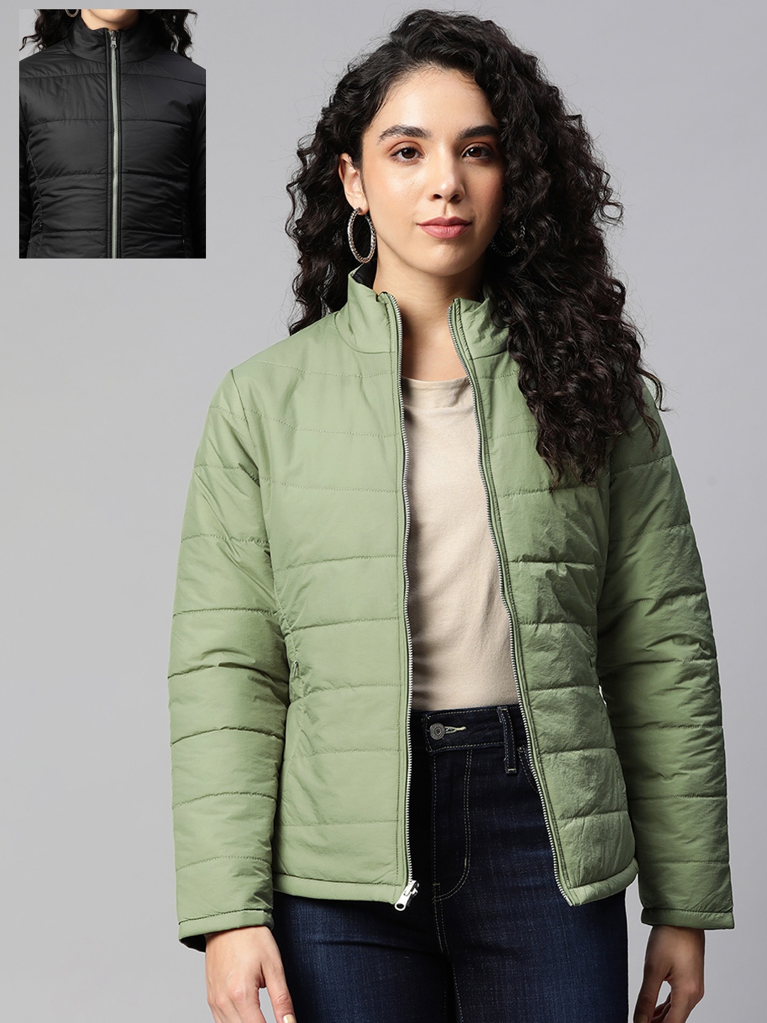

Foreign Culture By Fort Collins Women Green & Black Reversible Padded Jacket