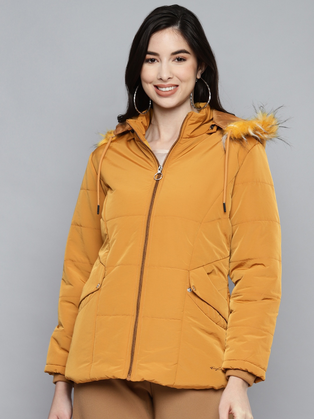 

Foreign Culture By Fort Collins Women Mustard Parka Jacket with Detachable hood