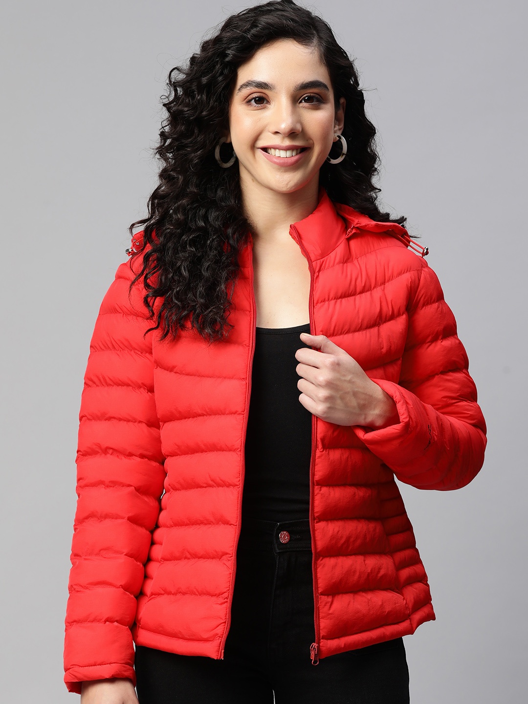 

Foreign Culture By Fort Collins Women Red Solid Hooded Puffer Jacket