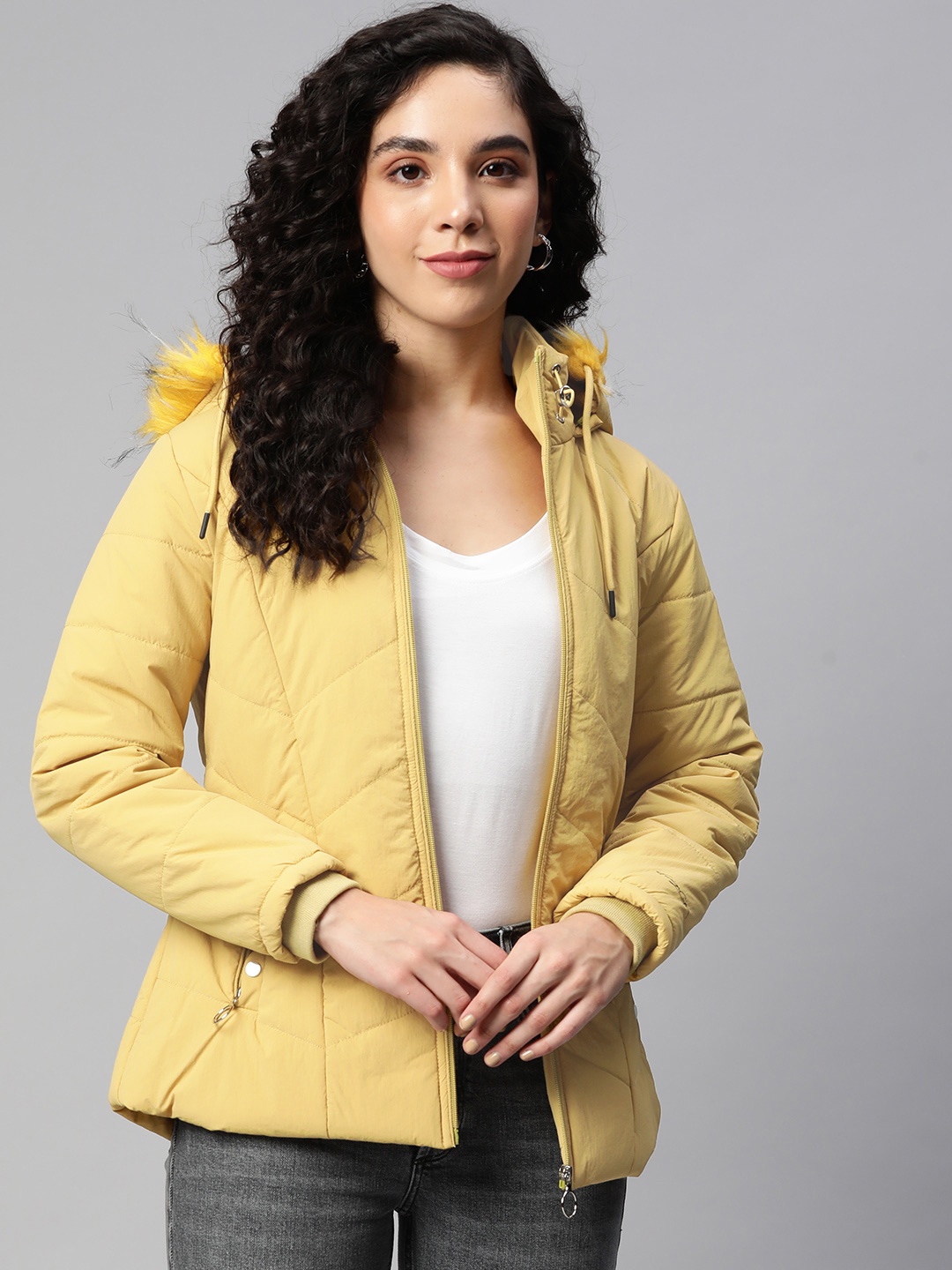 

Foreign Culture By Fort Collins Women Yellow Solid Parka Jacket with Detachable Hood