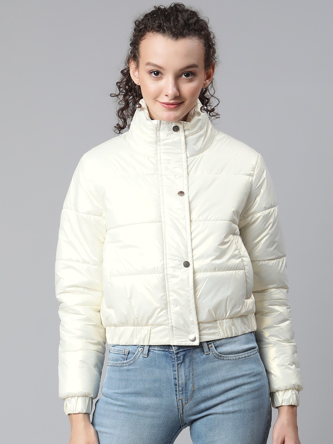 

Foreign Culture By Fort Collins Women Off White Metallic Finish Crop Padded Jacket