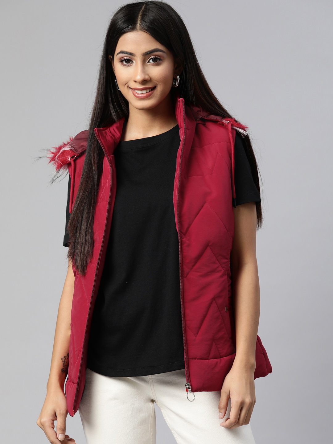

Foreign Culture By Fort Collins Women Maroon Padded Jacket with Detachable Hood