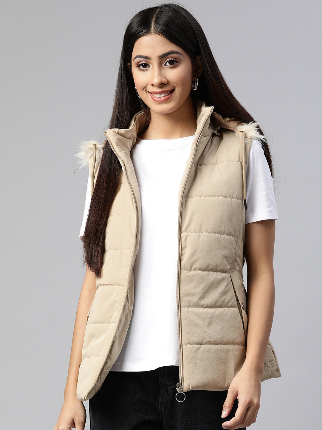 

Foreign Culture By Fort Collins Women Beige Padded Jacket with Detachable Hood