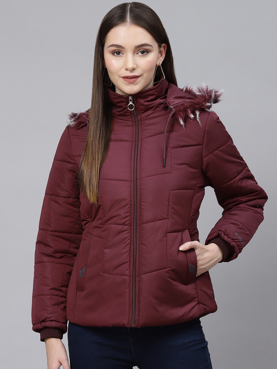 

Foreign Culture By Fort Collins Women Burgundy Solid Faux Fur Parka Jacket
