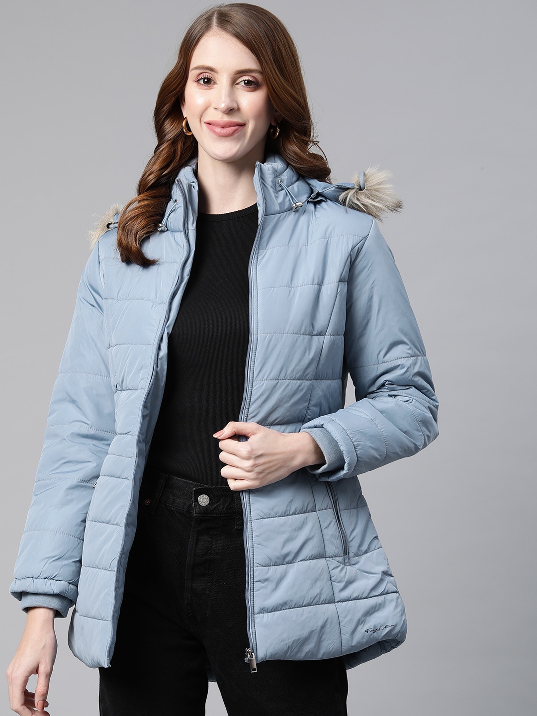 

Foreign Culture By Fort Collins Women Blue Solid Longline Padded Jacket
