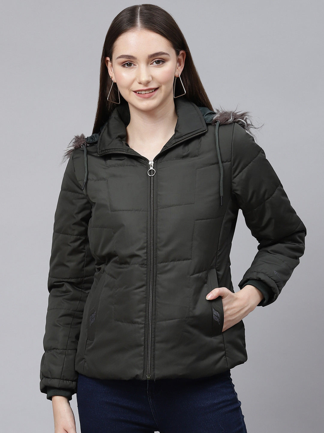 

Foreign Culture By Fort Collins Women Green Solid Faux Fur Parka Jacket