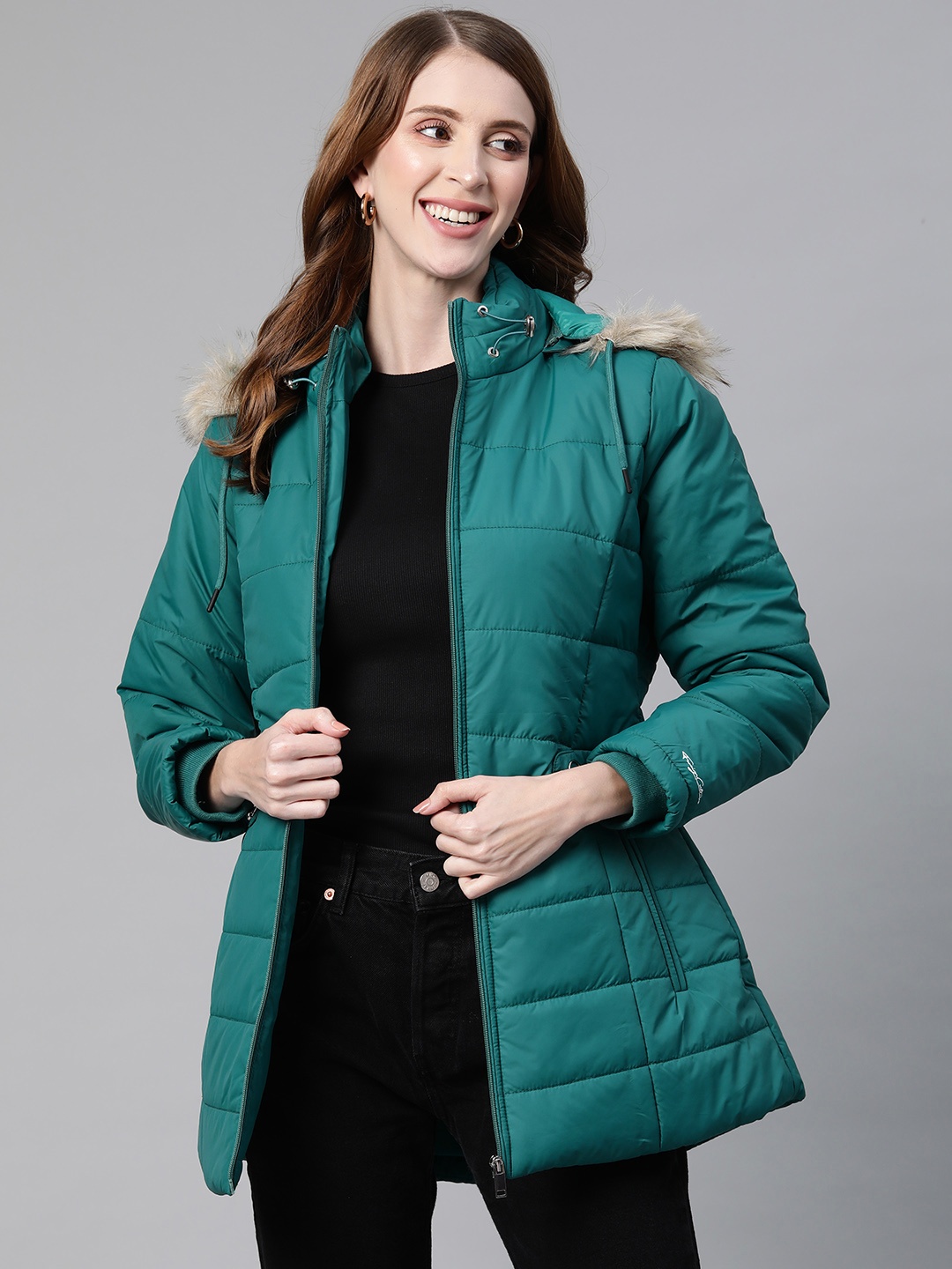 

Foreign Culture By Fort Collins Women Teal Blue Parka Jacket with Detachable Hood