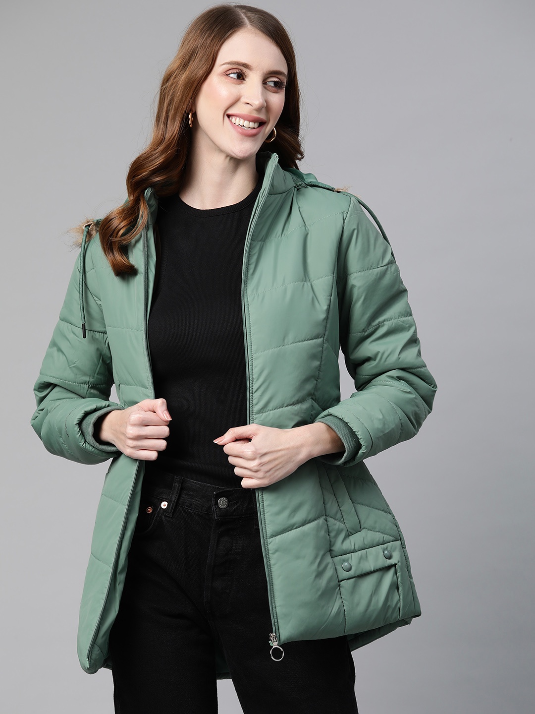 

Foreign Culture By Fort Collins Women Green Parka Jacket with Detachable Hood