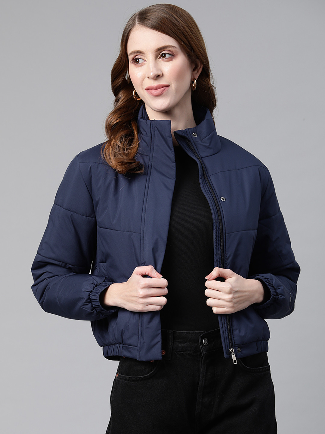 

Foreign Culture By Fort Collins Women Navy Blue Insulator Bomber Jacket