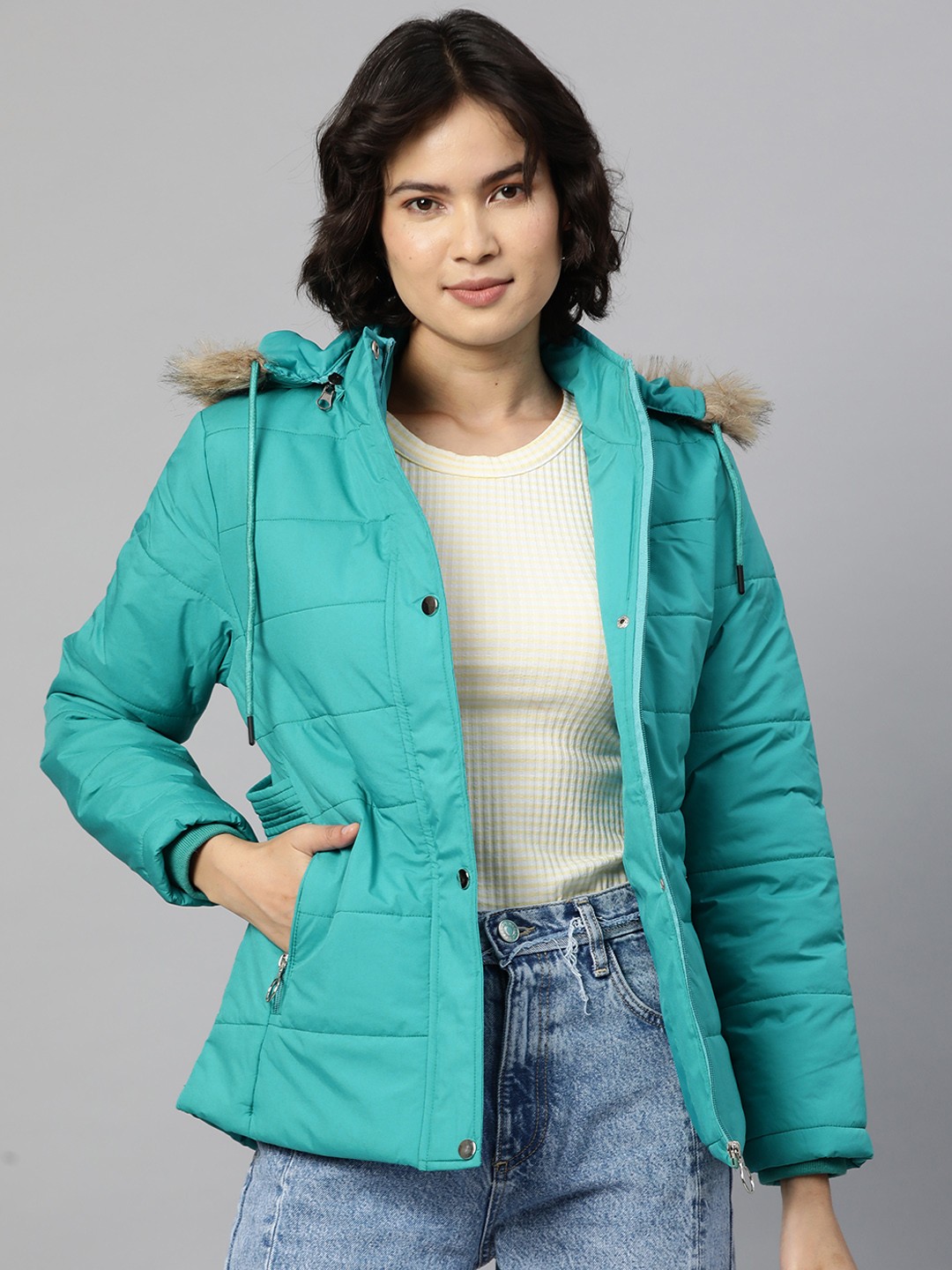 

Foreign Culture By Fort Collins Women Sea Green Parka Jacket with Detachable Hood